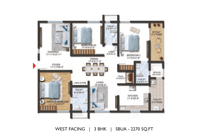 3 BHK overall floor plan, 2,270 sq. ft., West facing