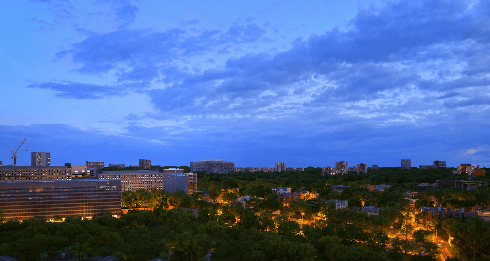 Blue-hour Financial District setting around The Olympus