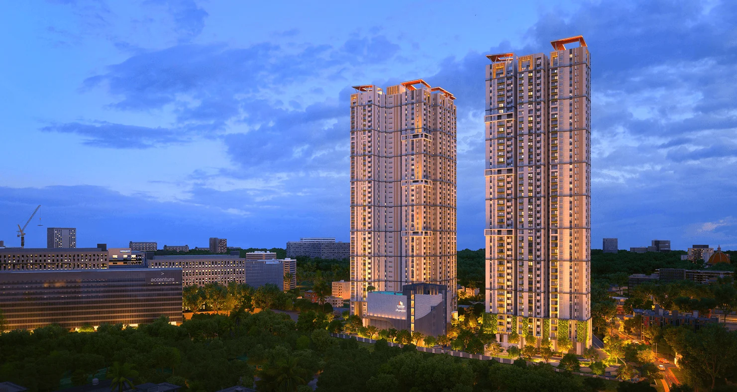 The Olympus towers at blue hour, an architectural impression from the official project site